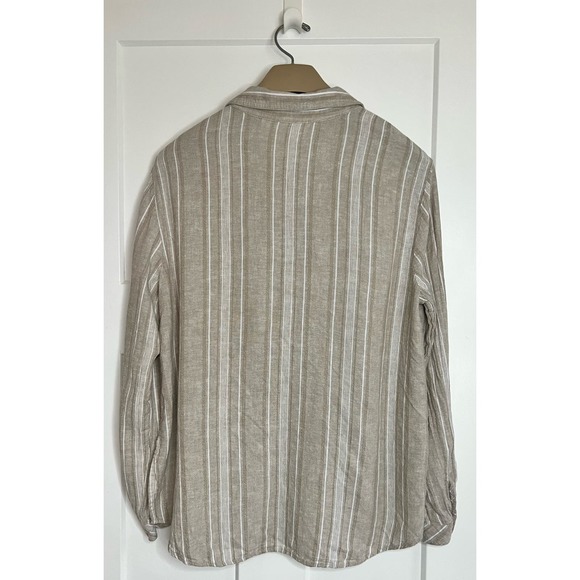 Susan Graver Button Up Blouse Tan White Large Linen Rayon - Picture 2 of 9